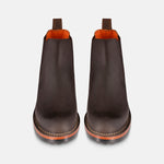Chelsea boots in waxy med brown front view