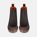 Chelsea boots in waxy dark brown front view