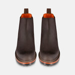 Chelsea boots in waxy med brown front view